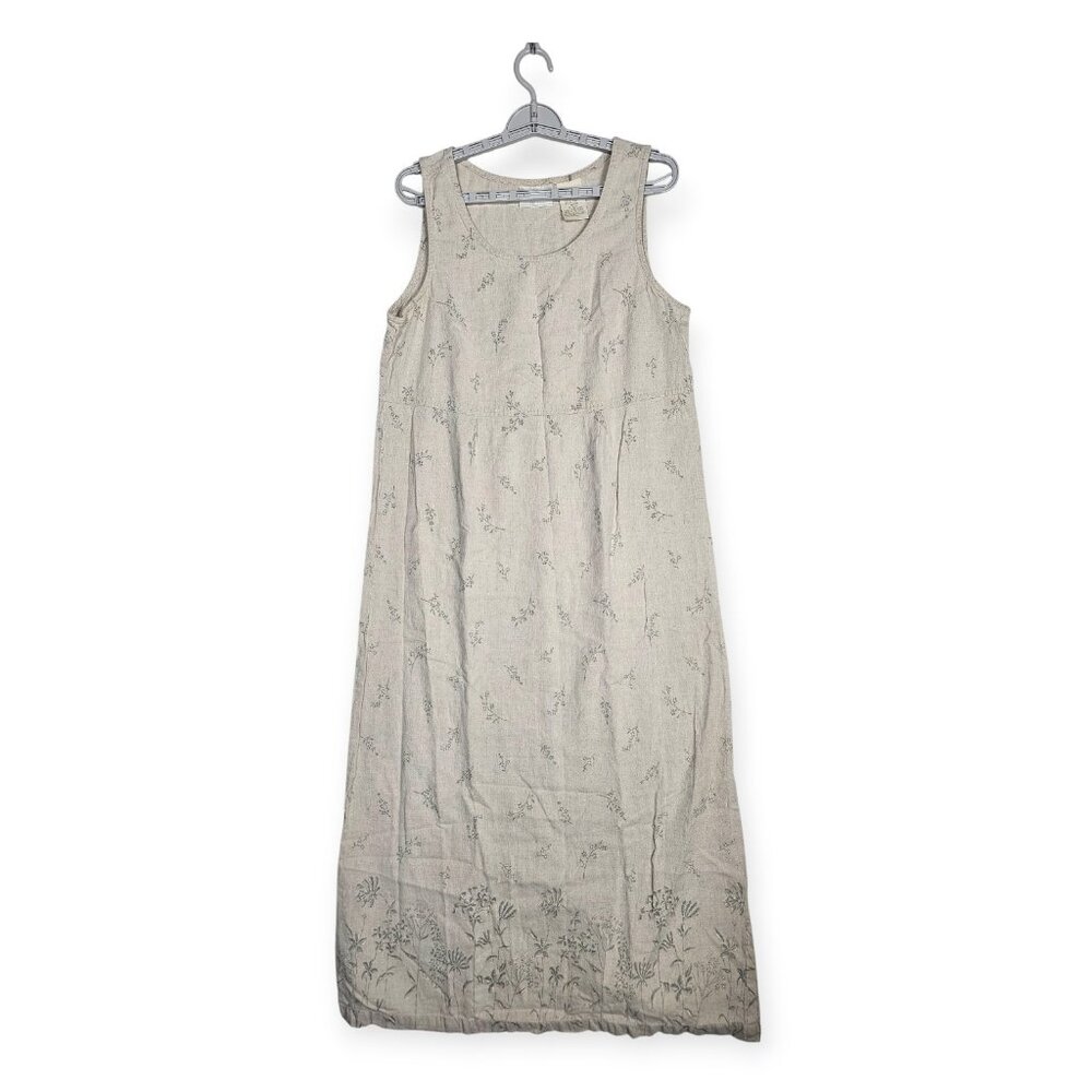 Erika Collection Maxi Dress Women's Large Beige / Gray | Linen Floral Embroidery